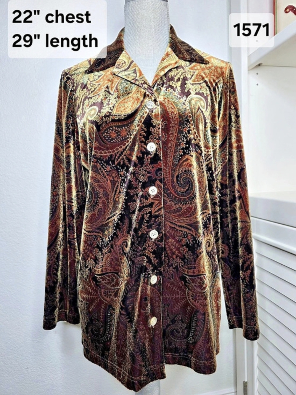 Vintage Coldwater Creek Velour Paisley Blouse in Brown, Gold, Green Size 12